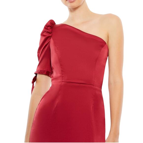Mac Duggal NWT One Shoulder Tie Puff Sleeve Satin Trumpet Gown Deep Red Size 8 - Picture 2 of 9